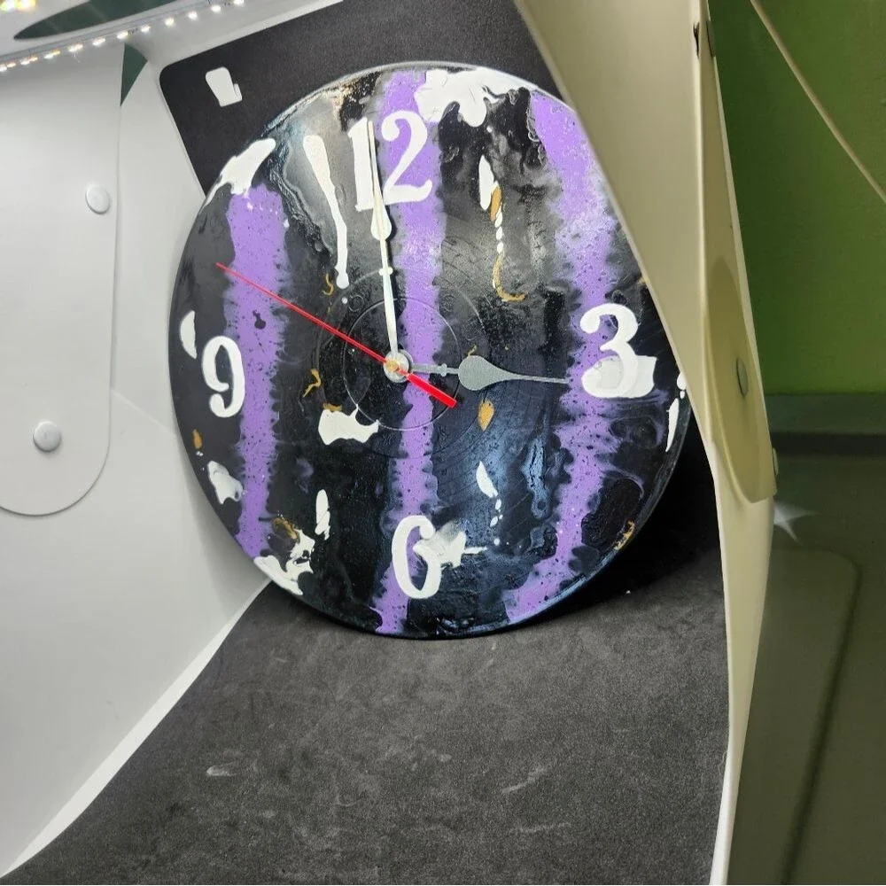 Hand Crafted Abstract Hanging Wall Clock Analog Vinyl Record Fluid Art Decor